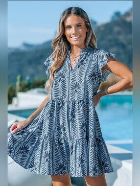 CUPSHE Tropical Blue & Navy Ruffle Mini Dress. NWT